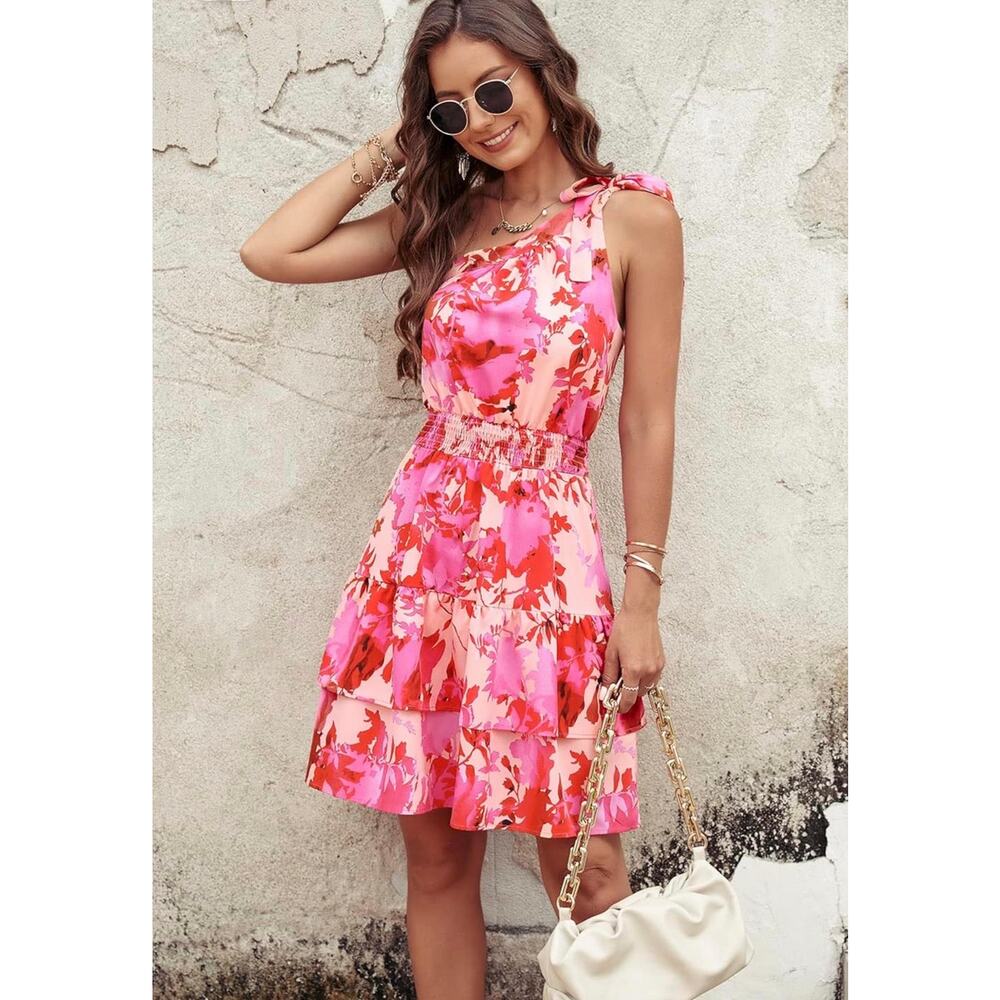 Floral Tie-Shoulder Midi Dress in Pink and Red